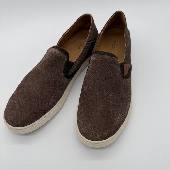 NWOT Olukai Pehuea Leather Womens 11 Brown Suede Snake Print Slip-On Sneakers - Picture 1 of 8